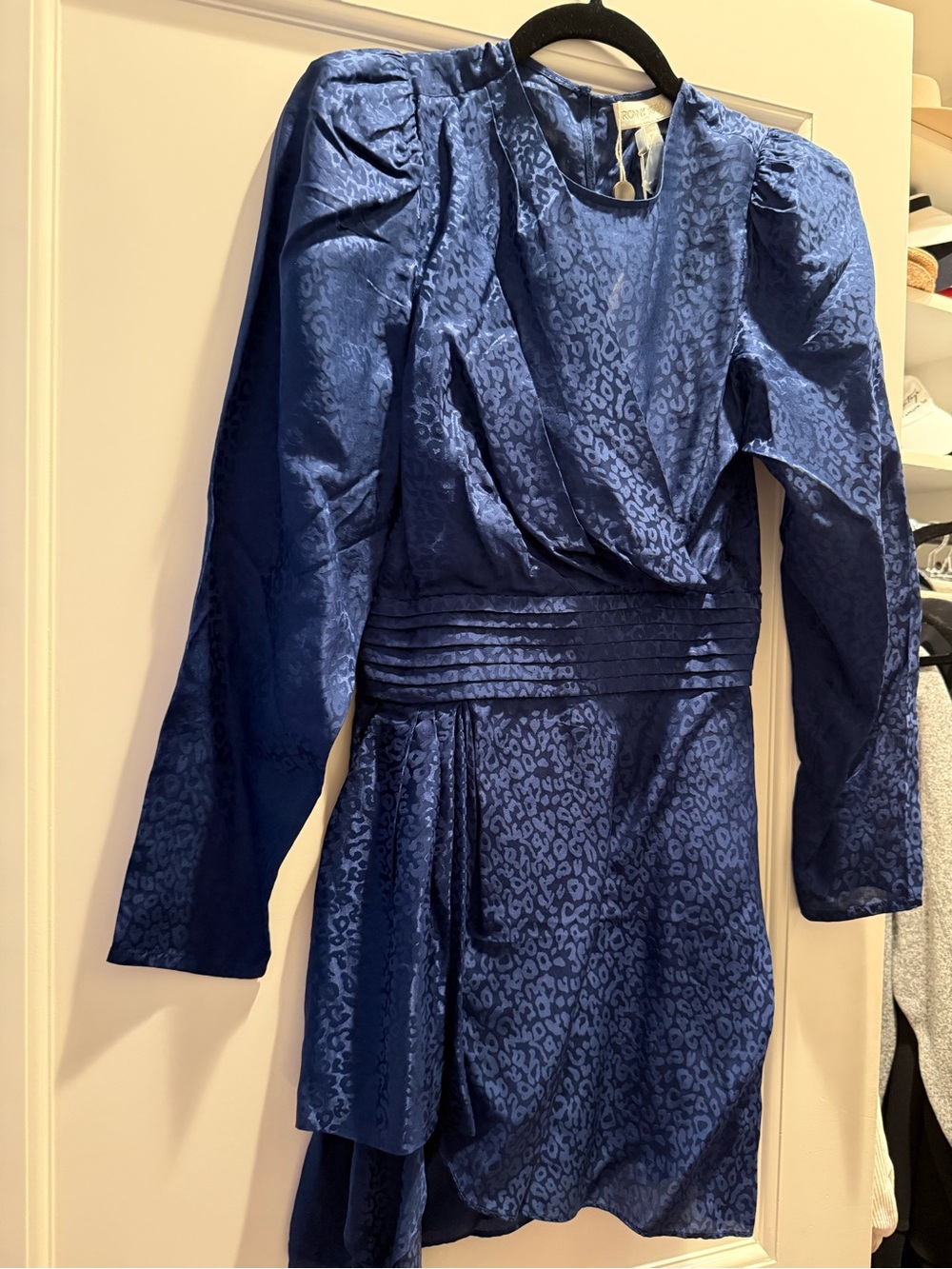Ronny Kobo Navy Blue Santana Satin Leopard Jacquard Dress Small